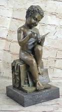 100% Solid Bronze Sculpture of a Sitting Boy Reading a Book Art Deco Marble