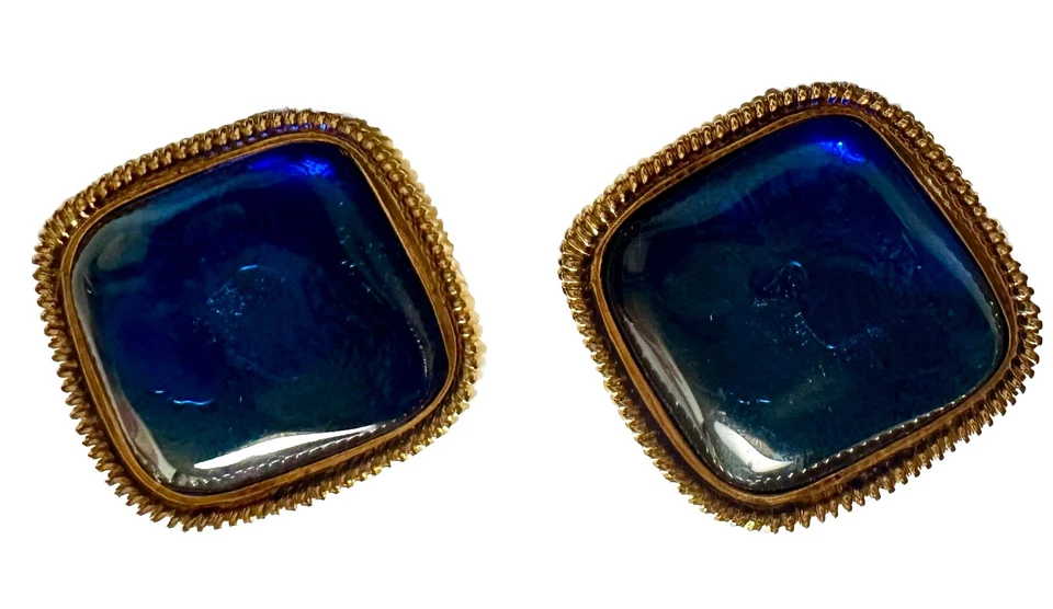 Pendientes de clip vintage Kenneth Jay Lane AVON Caprianti vidrio azul 1,5" años 80 Foto 2 de 4