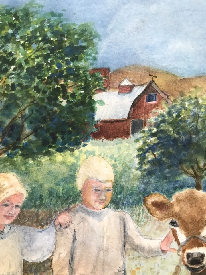 АКВАРЕЛЬ 14x14 ХУДОЖЕСТВЕННАЯ ОРИГИНАЛЬНАЯ в рамке ферма норвежский близнец импрессионизм пейзаж - Изображение 4 из 4