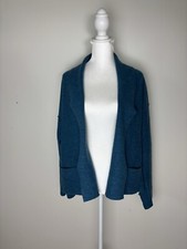 Eileen Fisher 100 Merino Wool Cardigan Sweater Open Front Pockets Blue Sz PS