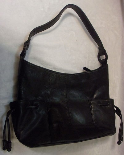 APOSTROPHE BLACK LEATHER SHOULDER/HANDBAG w/LEATHER STRAP, TEXTURED FINISH - Picture 2 of 14