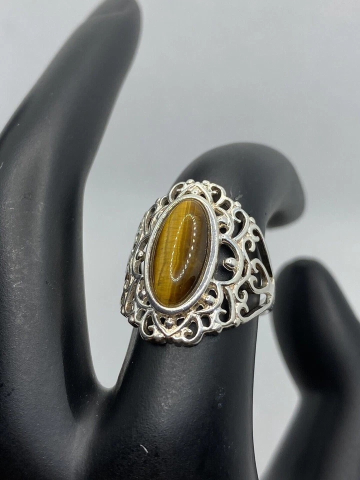 Anillo de plata de ley 925 naranja ojo de tigre talla 6 Foto 2 de 4