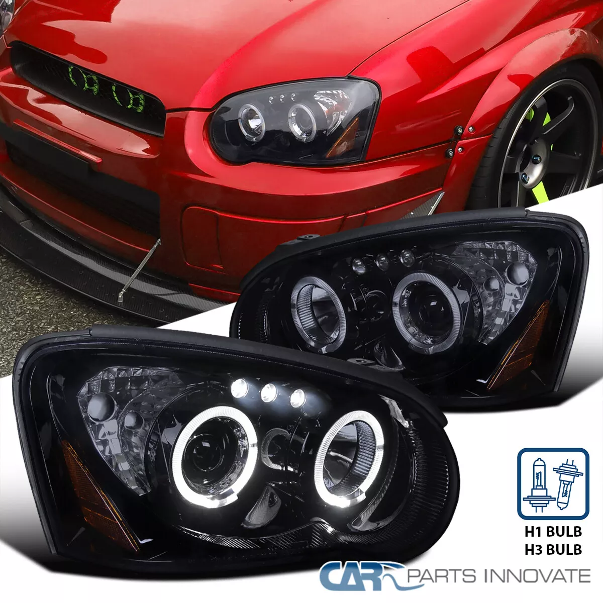 Fits 04 05 Subaru Impreza WRX Tinted LED Halo Piano Black Projector Headlights