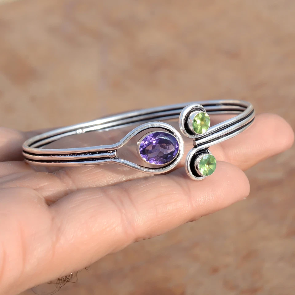 Faceted Amethyst & Peridot Cut Gemstone 925 Sterling Silver Bangle Cuff For Mom - Image 3 of 4