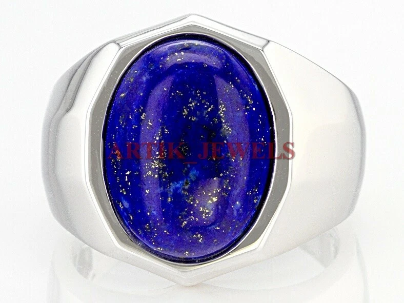 Lapislázuli natural con anillo de plata enchapado en oro blanco de 14K para hombre #2884 Foto 3 de 4