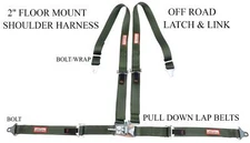 OFF ROAD 4 POINT 2" RACING HARNESS LATCH & LINK FLOOR MOUNT MILITARY GREEN