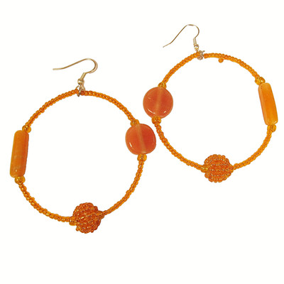 2'' Round Orange Mixed Bead Handmade Single Hoop Seed Bead Hook Earrings