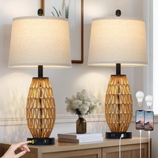 CINSARY 27" Rattan Table Lamps Set of 2, Boho Bedside Lamp for Bedroom with N...