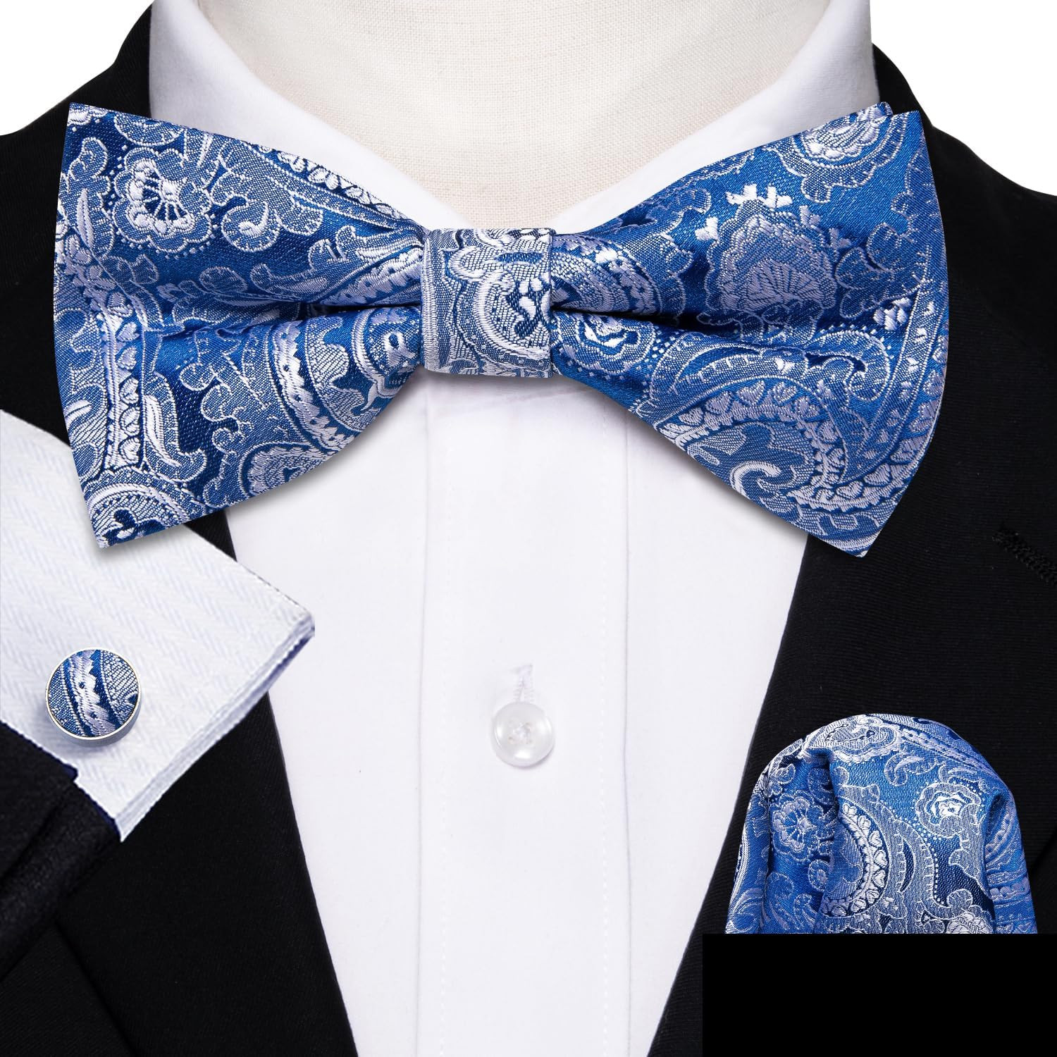 Paisley Striped Bow Tie for Men Silk Pre-Tied Bowtie Pocket Square Cufflinks Set
