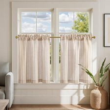 Linen Tier Curtains 24 Inch, Cafe Style, Light Filtering, Beige