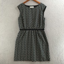 LOFT Ann Taylor Leaf Print Fit Flare Dress Womens L Navy Blue Teal Geometric
