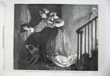 Original Old Antique Print 1869 Fine Art Woman Stairs Door Dog Knocking House
