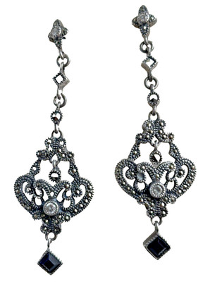 Große Ohrhänger Sterling Silber Ohrringe Victorian Gothic Revival Markasit & Onyx