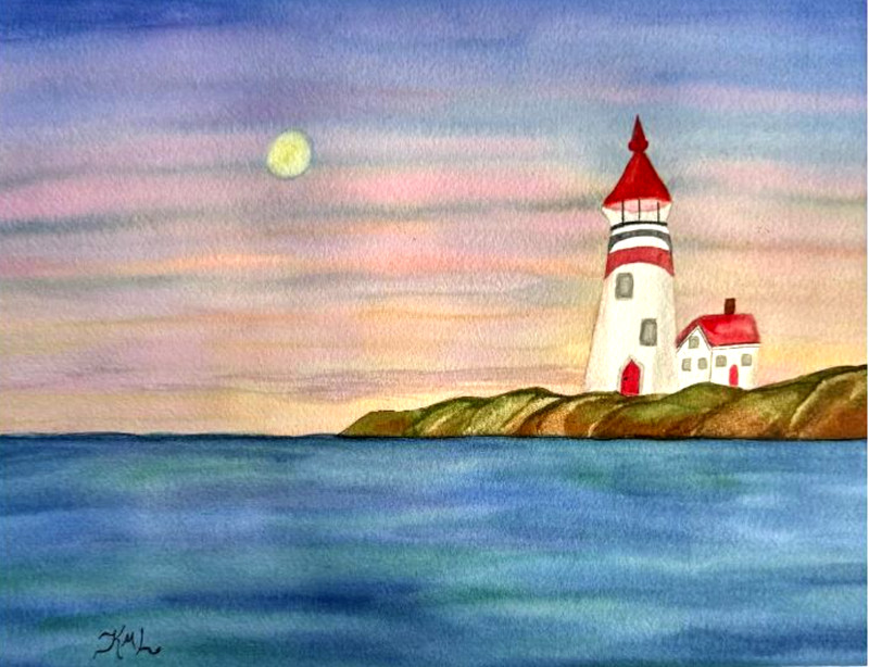 PAINTING WATERCOLOR SUNSET LIGHTHOUSE SEA LANDSCAPE ORIGINAL 11X14 MAT 16X20
