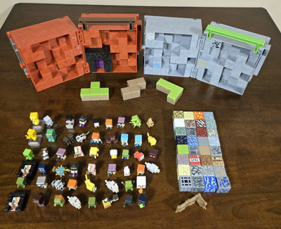 Minecraft Mini Figures Lot of 52 & 35 Blocks, Red & Gray Collectors Storage Case
