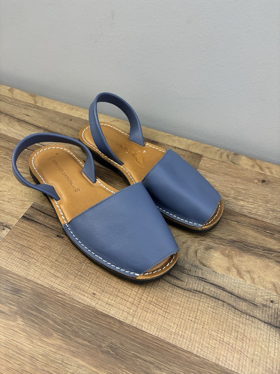 Spanish Sandal Co. Classic Leather Flat Avarca Slip On Sandals Blue Women’s 40