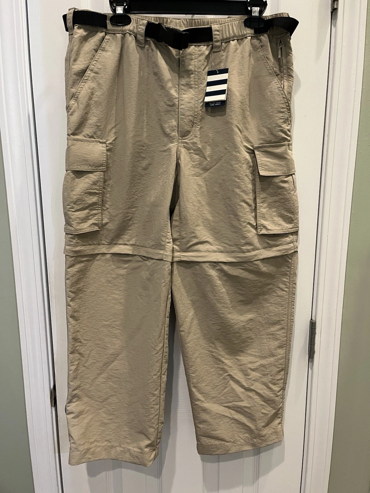 NWT Lands End Mens M Convertible Hiking Pants Nylon Zip Off Belted Trail Khaki