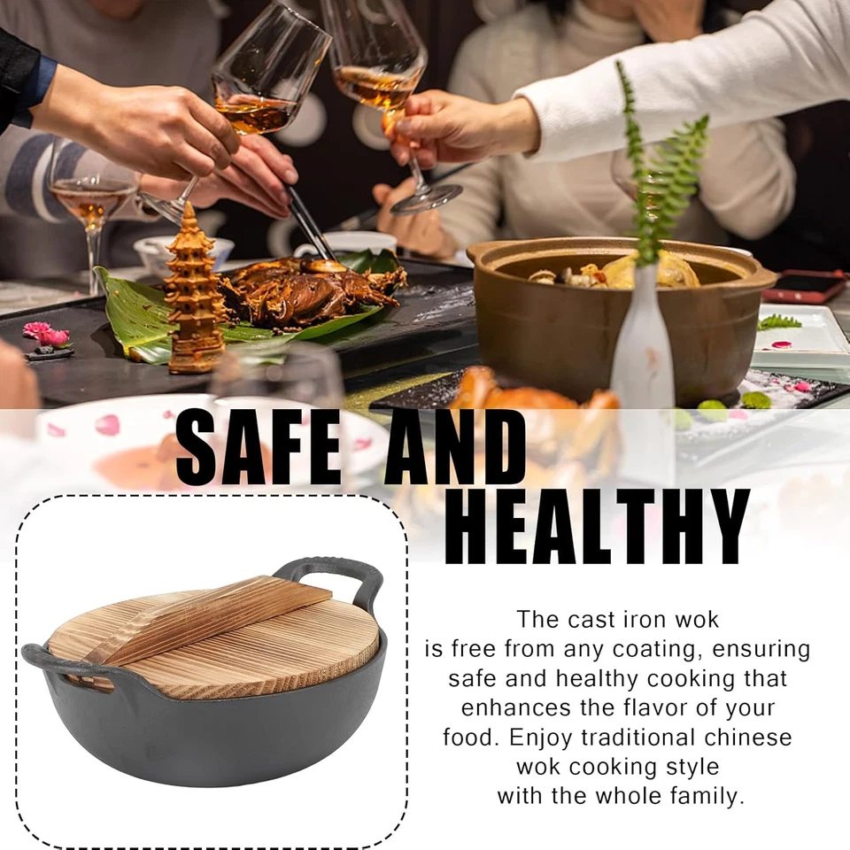 Padella Wok Con Coperchio, Wok in Ghisa Con 2 Manici Coperchio in Legno Padella - Immagine 4 di 4