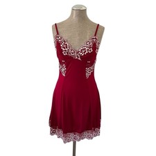 Red Lace Trim Chemise Nightgown Sleeveless Mini Slip Dress Small