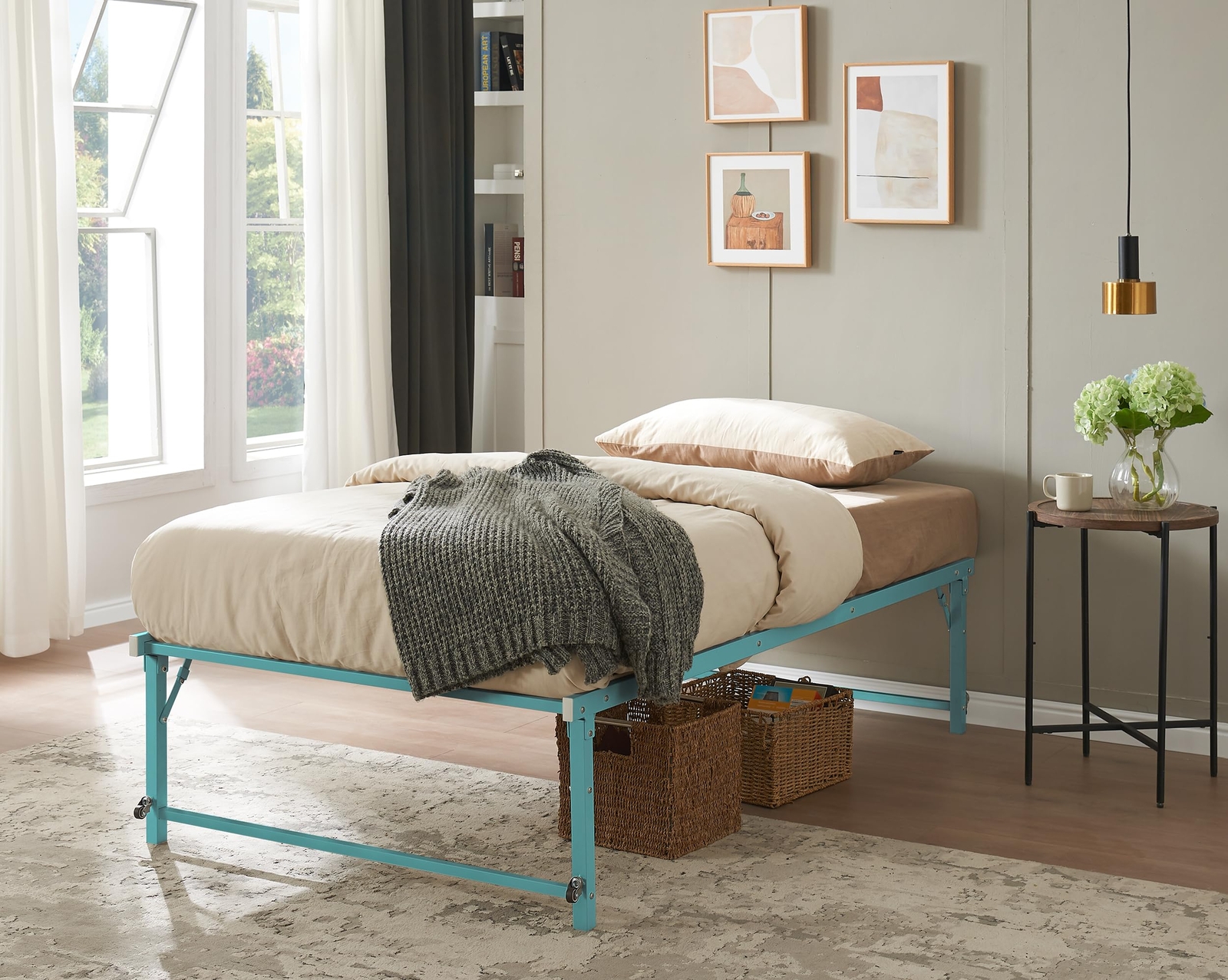 Kings Brand Furniture Twin Size Metal Pop up Trundle Day Bed Frame, Turquoise