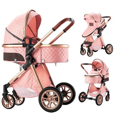 2 in 1 High Landscape Baby Stroller Folding Reversible Seat Newborn Baby Pink
