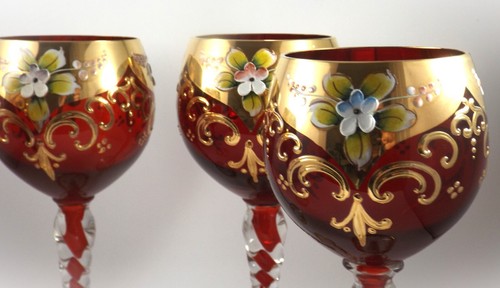 Set of 4 Murano Ruby Glass Gilded Enamel Flower Red Wine/Claret Glasses - Picture 2 of 10