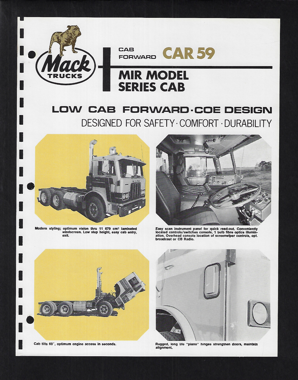 MACK TRUCKS CAB FORWARD CAR 59 MIR MODEL SERIES CAB SPECIFICATIONS BROCHURE