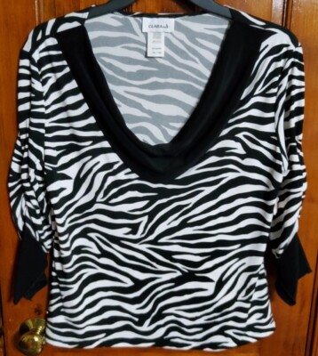 Clara 1XL, 36'' Chest (runs Small) Zebra Blk & White Print 3/4 Ruched Sleeves NWT