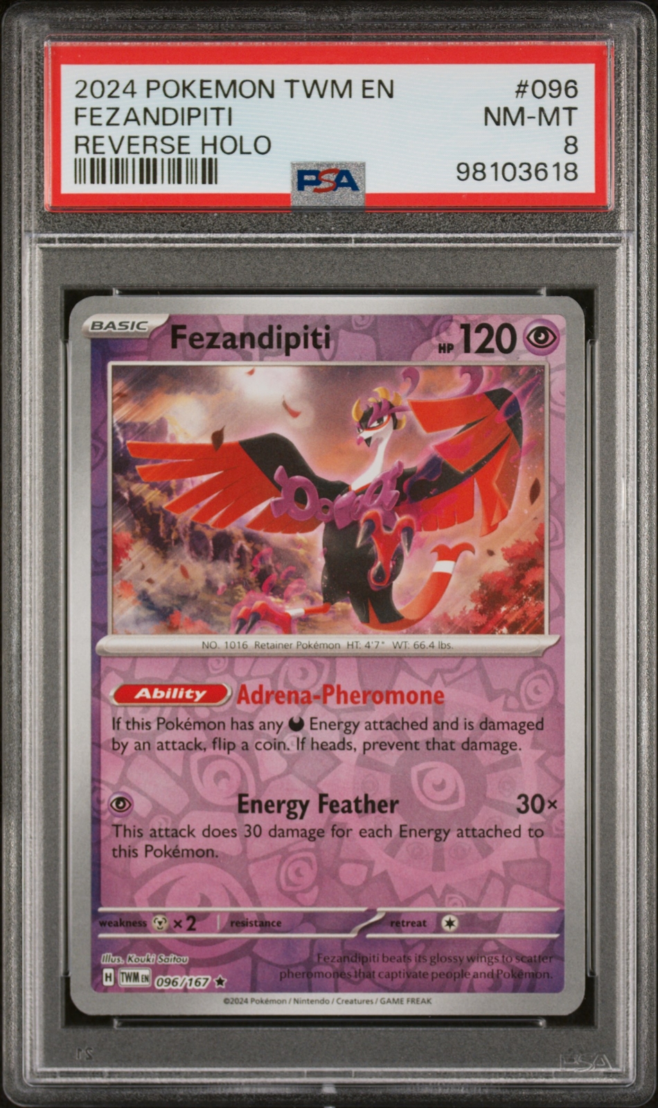 POKEMON TWILIGHT MASQUERADE #96 FEZANDIPITI REVERSE HOLO 2024 TWM EN PSA 8 POP 1