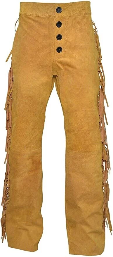 Men Native American Western Buckskin Ragged Leather Suede Pants Mountain Man - Image 2 of 4