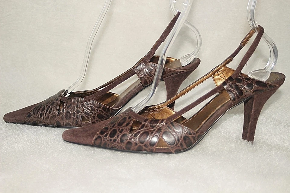 BANDOLINO  Slingback Heels Shoes Brown Embossed Leather & Suede Sz 7.5 M * VG - Image 3 of 4