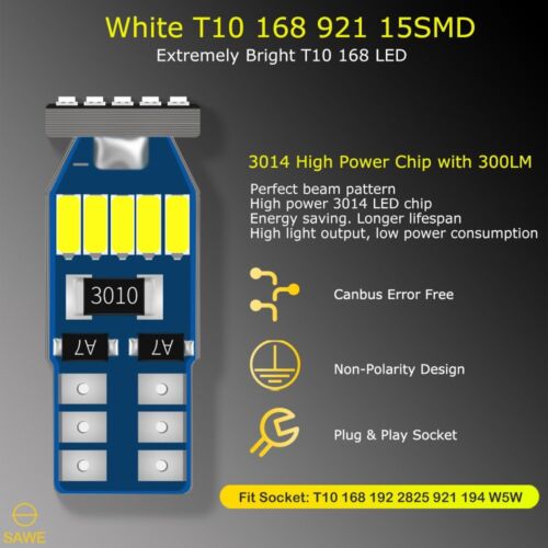 10 x Blanco 3014 15SMD LED Domo Mapa RV Bombillas 168 194 T10 W5W 2821 921 + HERRAMIENTA - Imagen 2 de 7