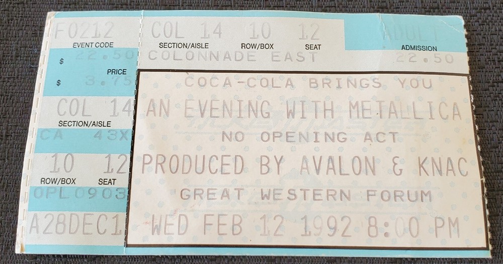 2/12/1992 Metallica Great Western Forum Los Angeles We May Roam Concert Ticket