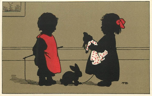 Silhouette Children Boy w/ Snare Girl w/ Doll and Wheeled Rabbit Postcard FB 511