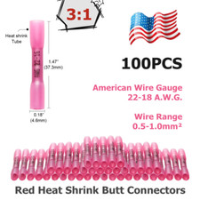 100X Heat Shrink Butt Wire Splice Seal Connectors Crimp Terminals Red 22-16 AWG