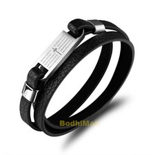 Cross Bible Stainless Steel With Black Leather Bangle Bracelet