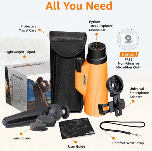 Python 10x42 High Powered Monocular Telescope with Smartphone Adapter & Tripod - Picture 6 of 9