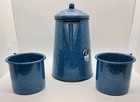 Vintage Coffee Pot with 2 Cups ~ Blue Enameled Speckled ~ W/Cows Camping Outdoor — photo 4