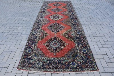 Turkish Vintage Rug, Runner 4,8x13,7 ft (146x417 cm) Rug, Red Floral Wool Rug