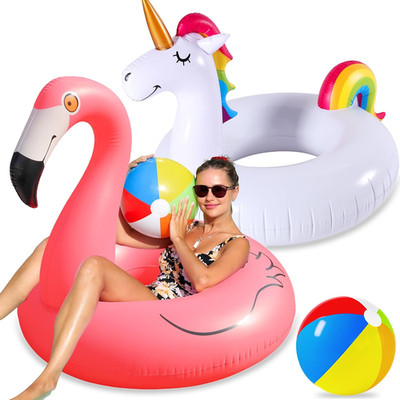 2 Pack Pool Floats with 2Pcs Beach Balls, 46'' Flamingo Pool Float 57'' Large Un