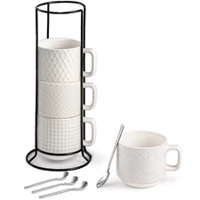 Stackable Coffee Mug Set of 4 with Stand, 10oz Ceramic Cups with Spoons –