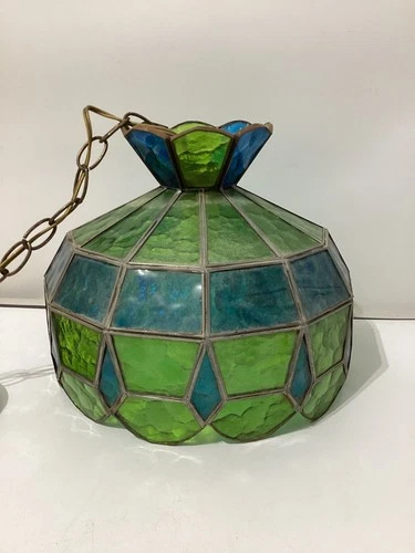 VTG MCM Tiffany-style Stained Glass Swag Hanging Pendant Light Shade Green Blue
