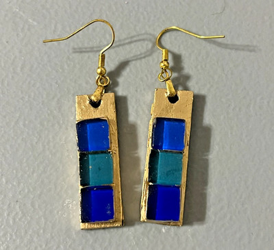 Handmade Mosaic Glass Tile Cobalt Blue Teal Gold Dangle Earrings Artisan Boho