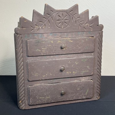 Antique Three Drawer Primitive Folk Art Box Dovetail Joinery Tramp Art