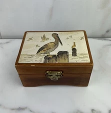 Art of Chokin Japanese Art Pelican Beach Jewelry Box Wooden Gilded Gold Silver