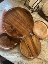 Round Acacia Wood Serving Plates 7 Inch Set of 4 for Snack Dessert and Breakfast