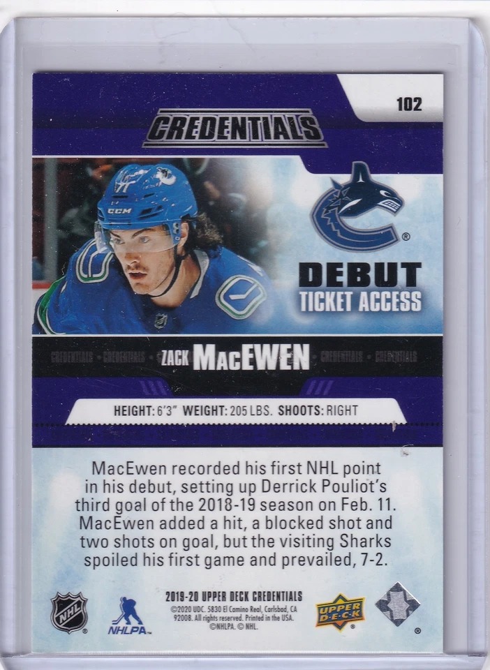 Zack MacEwen 2019-20 Upper Deck Credentials Rookie Debut Ticket Purple /10 #102 - Image 2 of 2