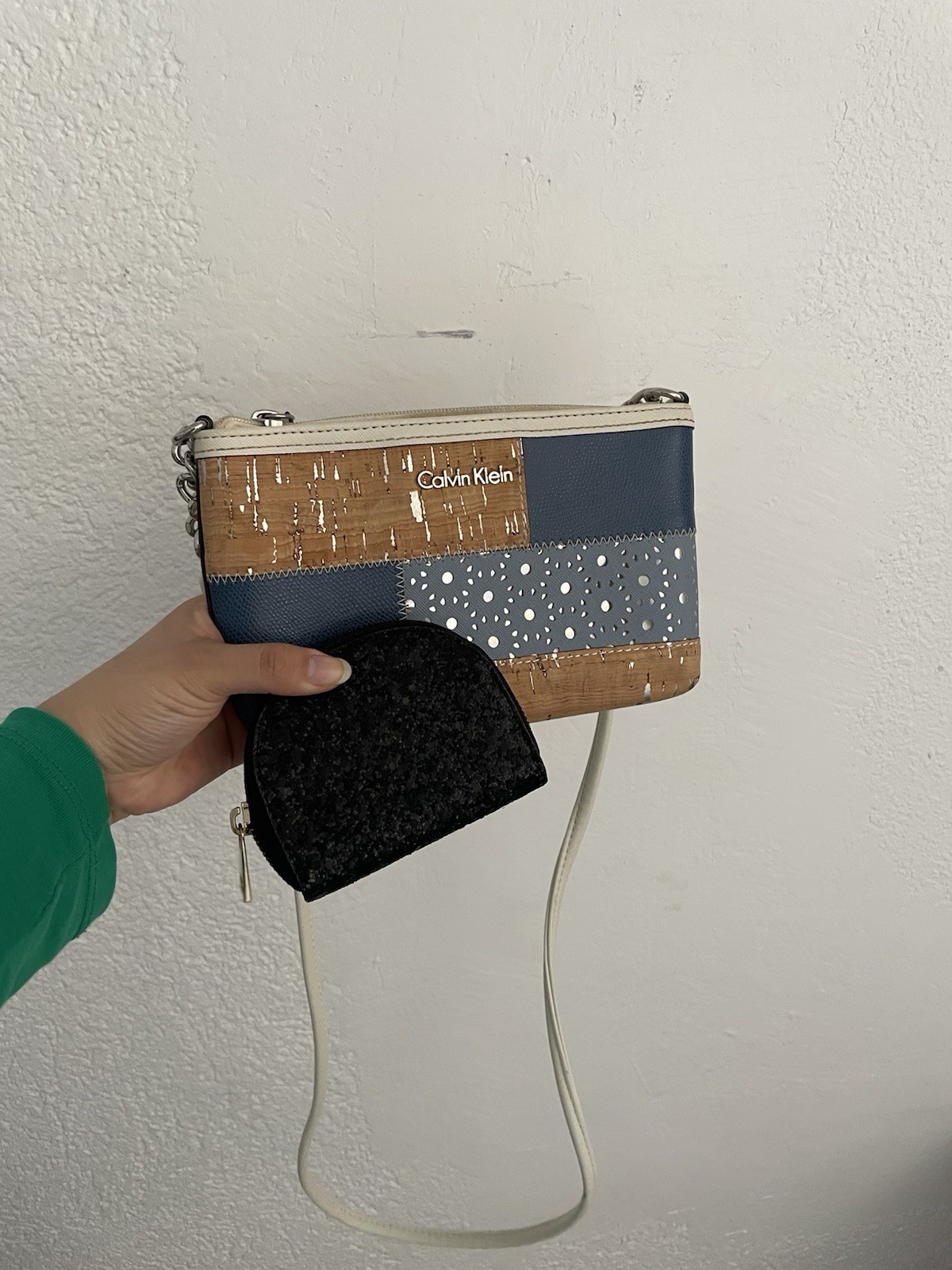 Calvin Klein Patchwork Shoulder Bag Blue Beige Br… - image 1