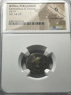 MYSIA. Pergamum 14 19 AD GERMANICUS & DRUSUS AE 17 mm NGC G W/ Countermark