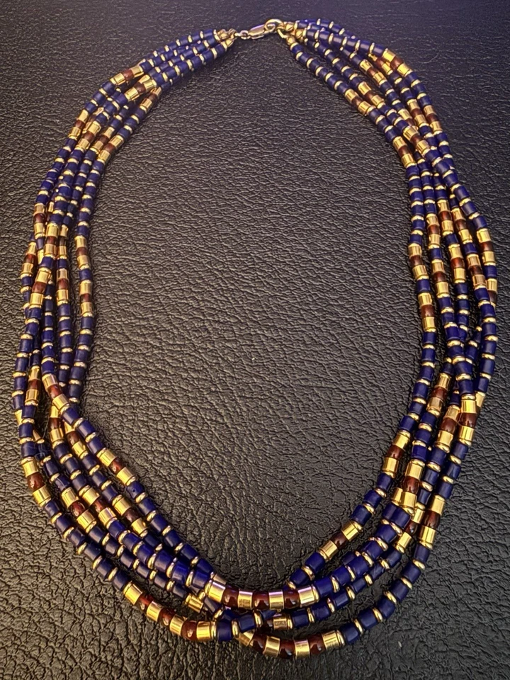 "Collar egipcio de 5 hilos Nefertari relleno de oro de 14k - lapislázuli y granates 19""" Foto 2 de 4